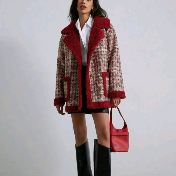 Women's Plaid Faux Shearling Lined Regular Jacket, Mob Wife Style - Picture 1 of 7